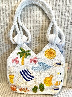 T.J.Maxx White Beaded Tote with Colorful Beach Motifs